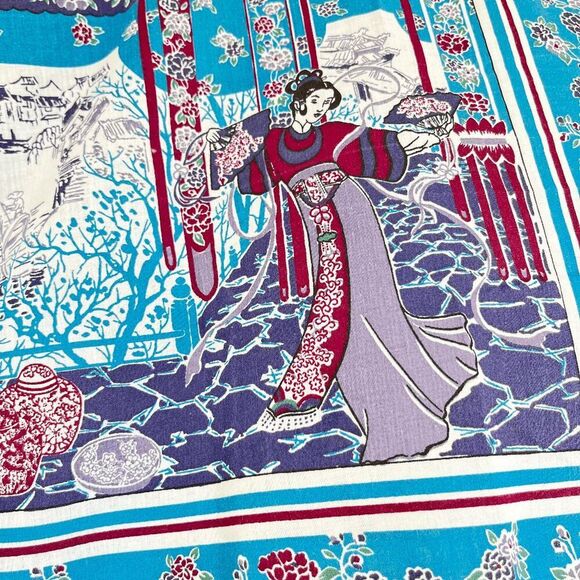 Vintage 80s Asian-Inspired Floral Poly Cotton Handkerchief Scarf USA - Picture 2 of 5